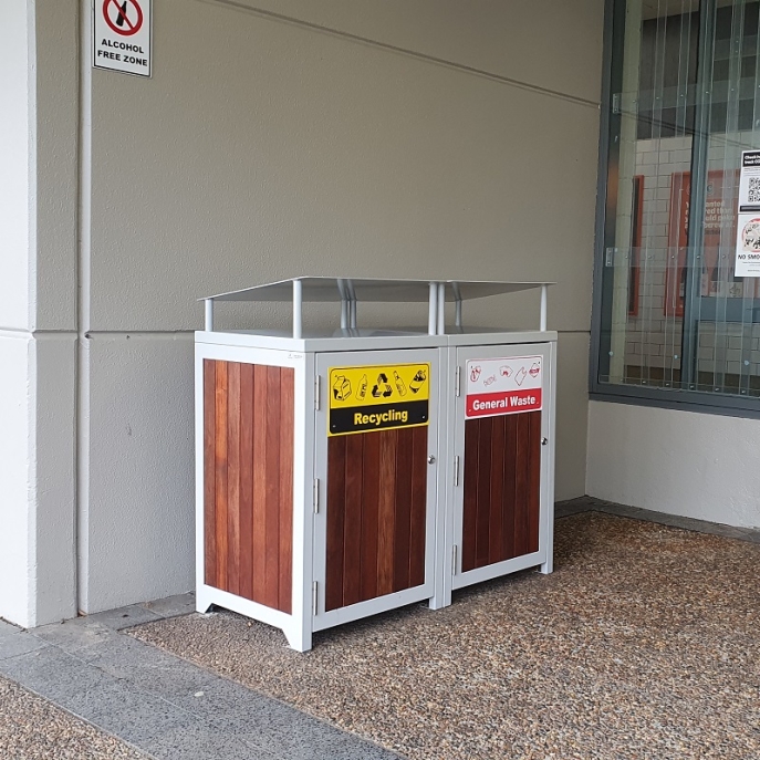 Athens Bin Enclosure - Timber Slat Base & PC Sloping Top x2 + Waste & Recycling Signage